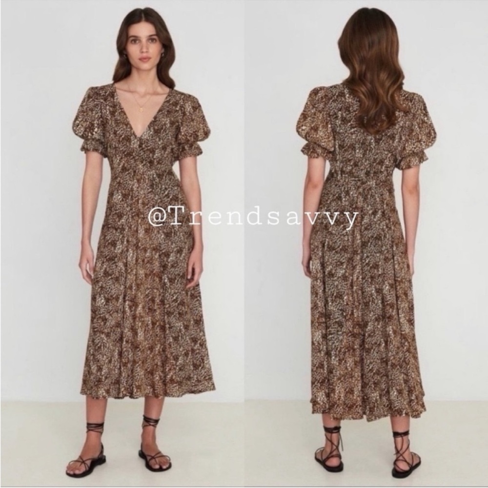 Faithfull The Brand Brown Leopard Puff Sleeve V Neck Maxi Dress SP Vacation Boho